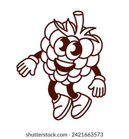 Groovy cartoon happy monochrome raspberry character jumping. Funny retro berry with arms and legs, fun jump of raspberry mascot. Cartoon emoticon and sticker of 70s 80s style vector illustration