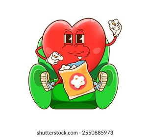 Personaje de corazón de dibujos animados groovy comiendo palomitas de maíz en silla de cine, emoji lindo de Vector. Día de San Valentín, amor y boda groovy corazón carácter con cara feliz comiendo palomitas de maíz, sentado en el sofá viendo la película