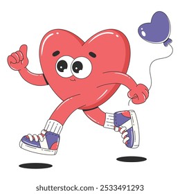 Groovy cartoon heart character. Retro 60s 70s aesthetics. Love concept. Happy Valentine's day. Isolated vector illustration.