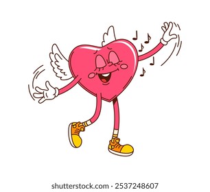 Personaje de corazón de dibujos animados Groovy con alas y zapatillas de deporte baila alegremente con notas musicales, encarnando el amor y la felicidad en el Día de San Valentín. Símbolo de afecto o celebración del personaje retro de Vector aislado