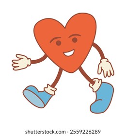 Groovy cartoon heart mascot.Valentines Day cute character. Groovy heart character. Groovy style.Isolated on white background.Vector illustration.