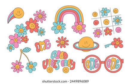 Groovy cartoon hippie illustrations. Hippie 60s, 70s style flowers, daisy, rainbow, glasses, cosmic.