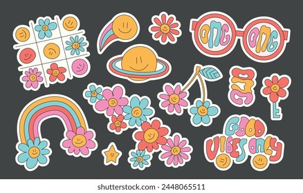 Groovy cartoon hippie love sticker pack. Hippie 60s, 70s style flowers, daisy, rainbow, glasses, cosmic.