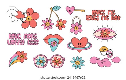 Groovy cartoon hippie love sticker pack. Hippie 60s, 70s style flowers, daisy, camomile, cherry, heart. Divination Loves me with camomile.