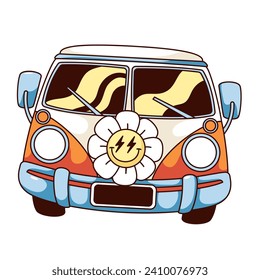 Groovy cartoon hippy van with flower. Funny retro classic car for summer travel to hippie festival and camping vacation, camper van mascot and cartoon sticker of 60s 70s style vector illustration