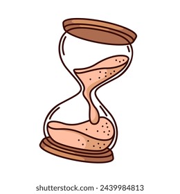 Groovy cartoon hourglass with falling sand. Funny retro transparent hourglass of past, countdown flow of time mascot, cartoon history glass sandclock sticker of 70s 80s style vector illustration