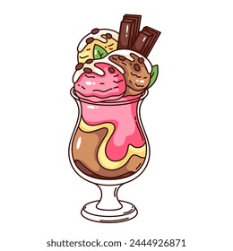 Groovy cartoon ice cream scoops with chocolate chips and mint leaves. Funny retro colorful balls in glass cup, sweet milk dessert mascot, cartoon sundae sticker of 70s 80s style vector illustration