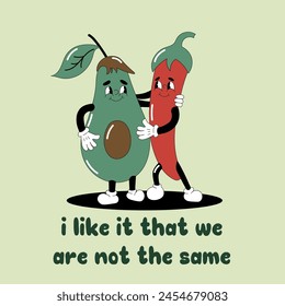 Groovy Cartoon Illustration. Friendship between vegetables and fruits. Friendship of pepper and avocado. Peppers and avocados hugging. I like it that we are not the same