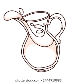 Groovy cartoon jug with splashes of pouring milk. Funny retro transparent pitcher with morning drink, dairy mascot, cartoon cold milk for breakfast sticker of 70s 80s style vector illustration