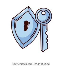 Groovy cartoon key and lock. Funny retro key to open or close door, answer to question and solution to problem, opportunity, account access mascot. Cartoon sticker of 70s 80s style vector illustration