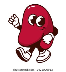 Groovy cartoon kola nut character with fist up. Funny retro Cola seed walking and smiling, nut mascot with strength and victory gesture, cartoon food snack sticker of 70s 80s style vector illustration