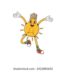 Groovy cartoon lamp light bulb character, in hippie 60s and 70s art, vector funky comic. Happy groovy light bulb lamp with hugging or embracing arms for peace, retro quirky style and groovy pop art