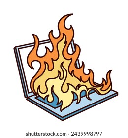 Groovy cartoon laptop with fire. Funny retro computer burning, crash and data damage, failure of internet security mascot. Cartoon flame on laptop sticker of 70s 80s style vector illustration