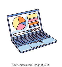 Groovy Cartoon Laptop mit Tortendiagramm auf dem Bildschirm. Lustiger Retro-Computer mit Datenanalyse-Dashboard, Finanzanalysen, Statistik-Maskottchen. Cartoon Laptop Aufkleber der 70er 80er Jahre Stil Vektor-Illustration