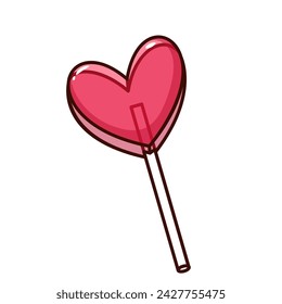 Groovy cartoon lollipop of heart shape. Funny retro red candy on stick, happy love gift, wedding and Valentines Day mascot, girlish cartoon lollipop sticker of 70s 80s style vector illustration