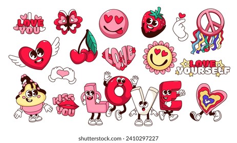 Groovy cartoon love characters and typography stickers set. Funny Love word and flying heart with wings, cupcake and flower. Retro mascots and cartoon emoji of 60s 70s style vector illustration