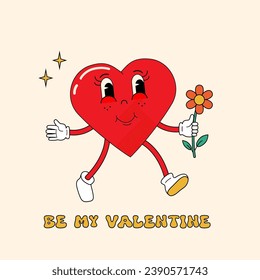 Groovy cartoon lovely heart. happy Valentines Day. Love concept. For poster, card, print, social media, post. trendy retro style