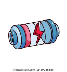Groovy cartoon low level battery with red lightning. Funny retro charge indicator with no energy, weak power and fatigue mascot, cartoon empty battery sticker of 70s 80s style vector illustration