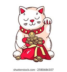 Groovy cartoon Maneki Neko lucky cat character with money bag. Funny retro rich kitty waving paw. Chinese New Year toy, luck mascot, cartoon lucky cat sticker of 70s 80s style vector illustration