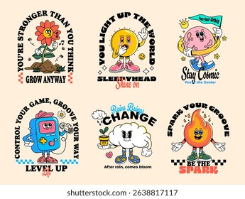 Groovy cartoon mascots with motivational quotes – retro design, colorful vector characters. Perfect for posters, stickers, t-shirts, social media, branding, kids, lifestyle projects. Vector