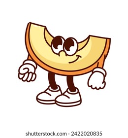 Caricatura groovy melon slice personaje con una sonrisa linda. Divertido melón tropical amarillo retro con brazos y piernas, mascota de moskmelón cómico, pegatina de comida de verano del estilo de los años 80 ilustraciones vectoriales