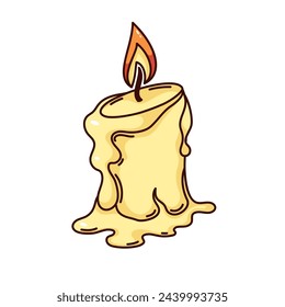 Groovy cartoon melted yellow candle with flame. Funny retro magic wax candle with drops melt, insomnia at tired night and fatigue mascot, cartoon sticker of 70s 80s style vector illustration