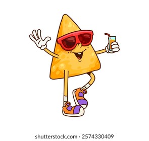 Groovy cartoon Mexican nacho chip character with funny happy face, vector emoji. Groovy Mexican chip on holiday vacation with sunglasses and cocktail drink or juice for Tex Mex food cartoon character