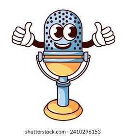 Groovy cartoon microphone character with thumbs up. Funny old mic on stand, retro music podcast and radio sound mascot, classic studio microphone cartoon sticker of 70s 80s style vector illustration