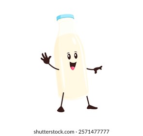 Groovy cartoon milk drink bottle funny character. Fresh dairy product glass container cartoon isolated vector cute mascot. Yogurt, cream or whole milk bottle happy smiling groovy character waving hand