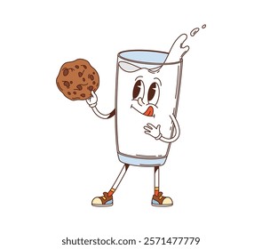 Groovy cartoon milk glass with cookie character. Natural whole milk beverage 60s 70s cartoon isolated vector character. Healthy nutrition milkshake drink cute mascot. Dairy product glass personage