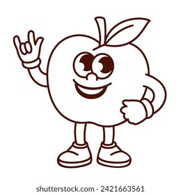 Groovy cartoon monochrome apple character with leaf and smile. Funny retro fruit showing horn gesture, apple mascot on rock music party, cartoon food sticker of 70s 80s style vector illustration