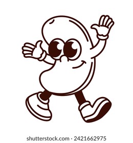 Groovy cartoon monochrome cashew character with hands up. Funny retro dry seed walking and greeting, happy nut mascot, cartoon nutty snack emoji and happy cashew sticker of 70s 80s style vector