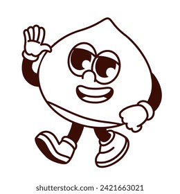 Groovy cartoon monochrome chestnut character with smile and hand up. Funny retro nut walking to meet friend, chestnut mascot greeting and waving, cartoon food sticker of 70s 80s style vector