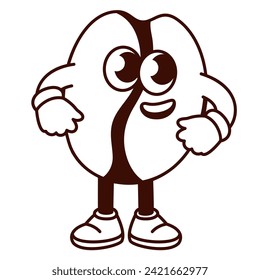 Groovy cartoon monochrome coffee bean character smiling. Funny retro brown seed with arms and legs, roast coffee grain mascot with smile on cute comic face, cartoon sticker of 70s 80s style vector