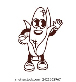 Groovy cartoon monochrome corn character with leaf waving. Funny retro vegetable with hand up, greeting maize mascot, cartoon corn cob emoji and food sticker of 70s 80s style vector illustration