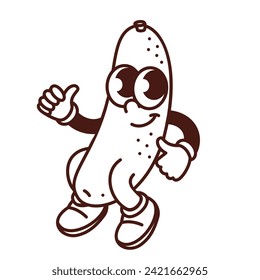 Groovy cartoon monochrome cucumber character dancing. Funny retro positive vegetable with thumb up gesture, dance of cucumber mascot, cartoon emoji sticker of 70s 80s style vector illustration