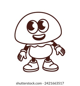 Groovy cartoon monochrome edible mushroom character with smile. Funny retro boletus with cheerful face, mushroom mascot with arms and legs, cartoon food sticker of 70s 80s style vector illustration