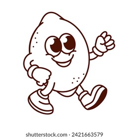 Groovy cartoon monochrome lemon character with cute face. Funny retro citrus sour fruit walking with smile to make lemonade, lemon mascot, cartoon food sticker of 70s 80s style vector illustration