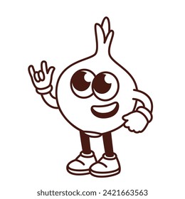 Groovy cartoon monochrome onion bulb character with rock band gesture. Funny retro spicy vegetable with sign of rocker, onion mascot, cartoon food sticker of 70s 80s style vector illustration