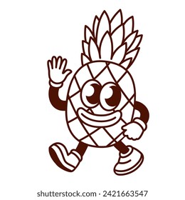 Groovy cartoon monochrome pineapple character waving. Funny retro tropical fruit walking, weird pineapple mascot, cartoon smiling ananas emoji and sticker of 70s 80s style vector illustration