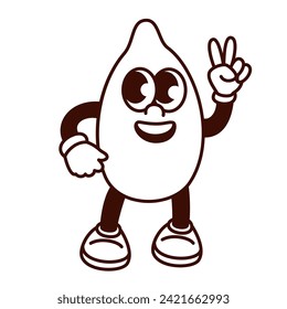 Groovy cartoon monochrome sunflower seed character with peace sign. Funny retro grain with smile standing, sunflower mascot showing hippie gesture, cartoon food sticker of 70s 80s style vector