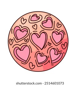 Groovy cartoon Moon with heart craters. Funny retro pink alien planet with holes in space. Love universe, Valentines Day mascot, cartoon sticker of funky Moon 70s 80s style vector illustration