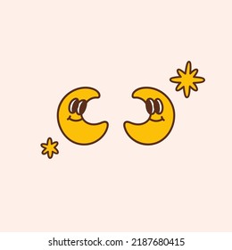 Groovy cartoon moon and stars. Colorful vector illustration in vintage style. Retro 70s 60s design element or icon