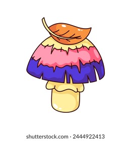 Groovy cartoon mushroom with colorful hat and autumn dry leaf. Funny retro psychedelic mushroom with yellow, red and purple stripes. Fungi mascot, cartoon sticker of 70s 80s style vector illustration