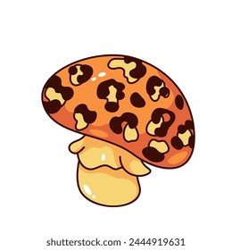 Groovy cartoon mushroom with leopard pattern. Funny retro fungi with stipe on stem, camouflage cap. Magic wild mushroom and hallucination mascot, cartoon sticker of 70s 80s style vector illustration