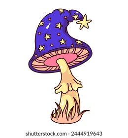 Groovy cartoon mushroom in purple hat with stars. Funny retro psychedelic fungi with cap of wizard or witch, surrealism and magic mascot, cartoon mushroom sticker of 70s 80s style vector illustration