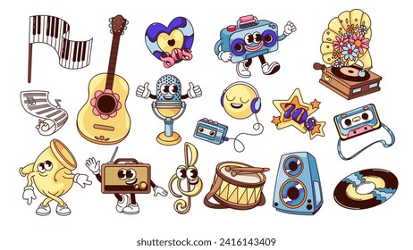 Groovy caricaturista personajes musicales y stickers establecidos. Instrumentos musicales divertidos y músicos de los años 70 80, boombox y micrófono retro, altavoces y tambores. Mascotas de dibujos animados e ilustración vectorial de emojis