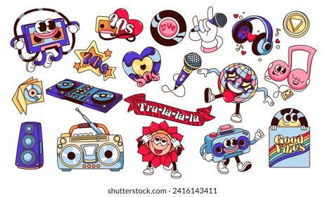 Groovy cartoon music characters and stickers set. Funny patch of of 70s 80s 90s music and culture, funky retro cartoon mascot of disco ball and flower with tongue, note and LP disk vector illustration