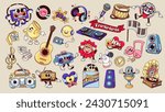 Groovy cartoon music stickers set. Funny happy characters of retro DJ dance party and concert, cartoon mascots walking and waving. Music players and patches of 70s 80s 90s vector illustration