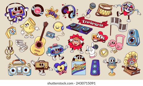 Groovy cartoon music stickers set. Funny happy characters of retro DJ dance party and concert, cartoon mascots walking and waving. Music players and patches of 70s 80s 90s vector illustration